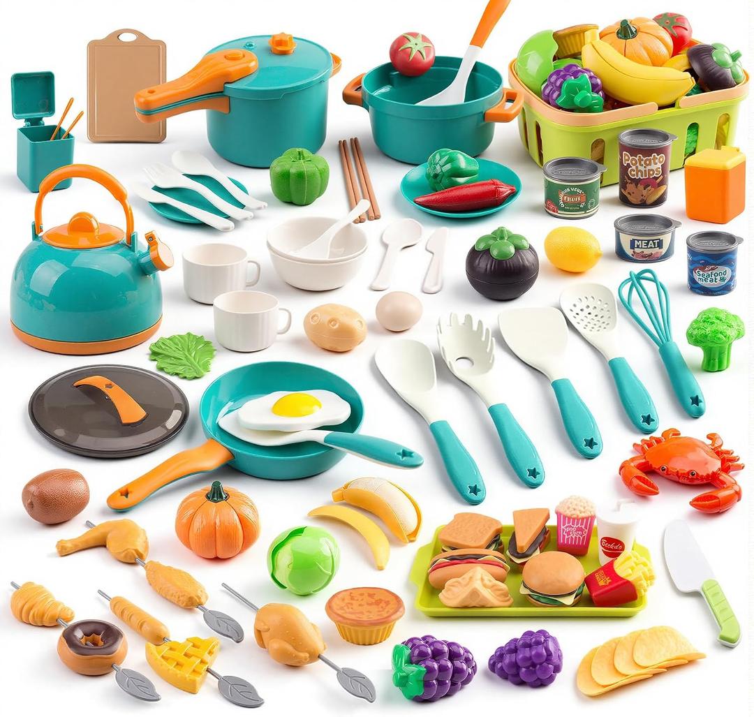 120Pcs Mini Play Kitchen Accessories, Kids Pretend Cooking Playset with Desserts, Cuttable Veggies & BBQ & Storage Basket, Educational Role-Play Gift for Toddlers, Child, Green