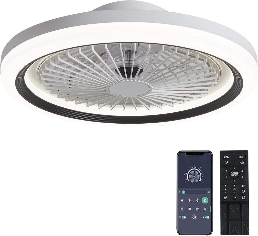 20'' Ceiling Fans with Lights and Remote, Low Profile Ceiling Fan with Light, 6 Wind Speeds Dimmable Light White Flush Mount Ceiling Fan, Smart Modern Ceiling Fan for home (black)