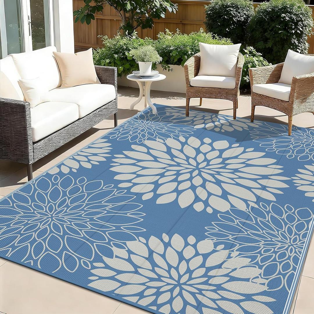 Ileading Waterproof Outdoor Rug 6x9, Reversible Plastic Straw Patio Rug, Portable Indoor Outdoor RV Camping Mat Carpet for Deck, Porch, Balcony, Backyard, Picnic, Floral Dusty Blue