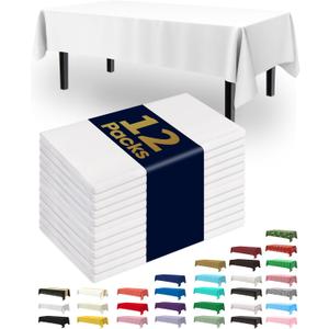 Pureegg Plastic Table Cloth Disposable 12 Pack, 54 x 108 Inch Table Cloths, Party, Picnic, Wedding, Decorative Tablecloths, Rectangle, White Plastic Cover, Leakproof & Sturdy, White