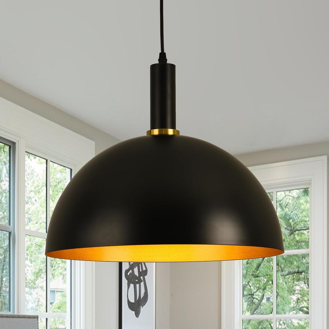 16" Black Pendant Lights Kitchen Island, Black and Gold Dome Pendant Lights, Modern Farmhouse Adjustable Large Industrial Metal Hanging Pendant Lighting for Kitchen Island, Dining Room, Cafe, Bar