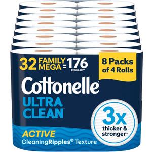 Cottonelle Ultra Clean Toilet Paper, 32 Family Mega Rolls=176 Regular Rolls, 2 Pack