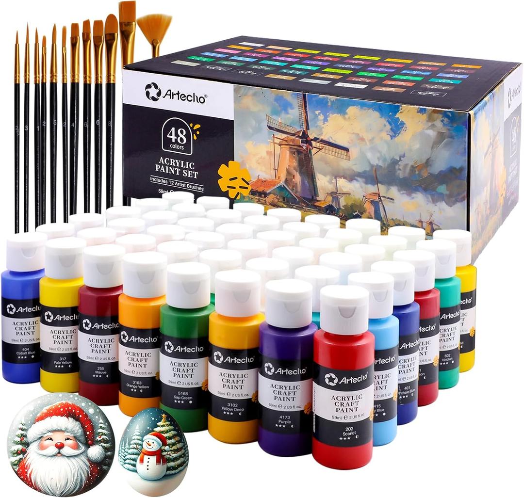 Artecho 48 Colors Acrylic Paint Set (2oz/59ml) with 12 Brushes, Craft Paints for Canvas, Wood, Rock Painting & Fabric, Rich Pigment Non Toxic Art Supplies for Artists & Beginners