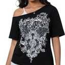Women's 2 in 1 Cold Shoulder Graphic Tees Short Sleeve Goth Y2K T Shirt Fake Two Piece Tops (Black, S)