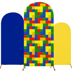 Colored Bricks Party Arch Cover Set of 3 Blue Arch Backdrop Spandex Stretch Backdrop Stand Cover 4ft, 5ft, 6ft for Blocks Birthday Party Decor Supplies Favors(Blue,Classic)