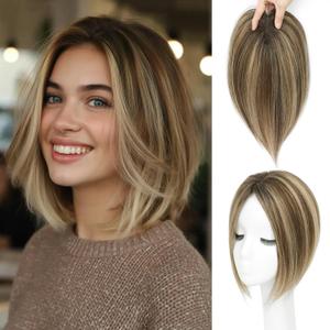 Hair Toppers for Women Real Human Hair Toppers with Thinning Hairpieces for Women 10 Inch Human Hair Topper for Cover Gray RootsMedium Brown Mix Blonde with Dark Brown Root