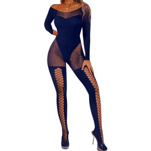 EHSUYAB Womens Sexy Full Fishnet Bodysuit, One Piece Mesh Lace Jumpsuit Body Stockings, Rave Club Poster Exotic Dancer Outfit (12-18, Navy Blue)