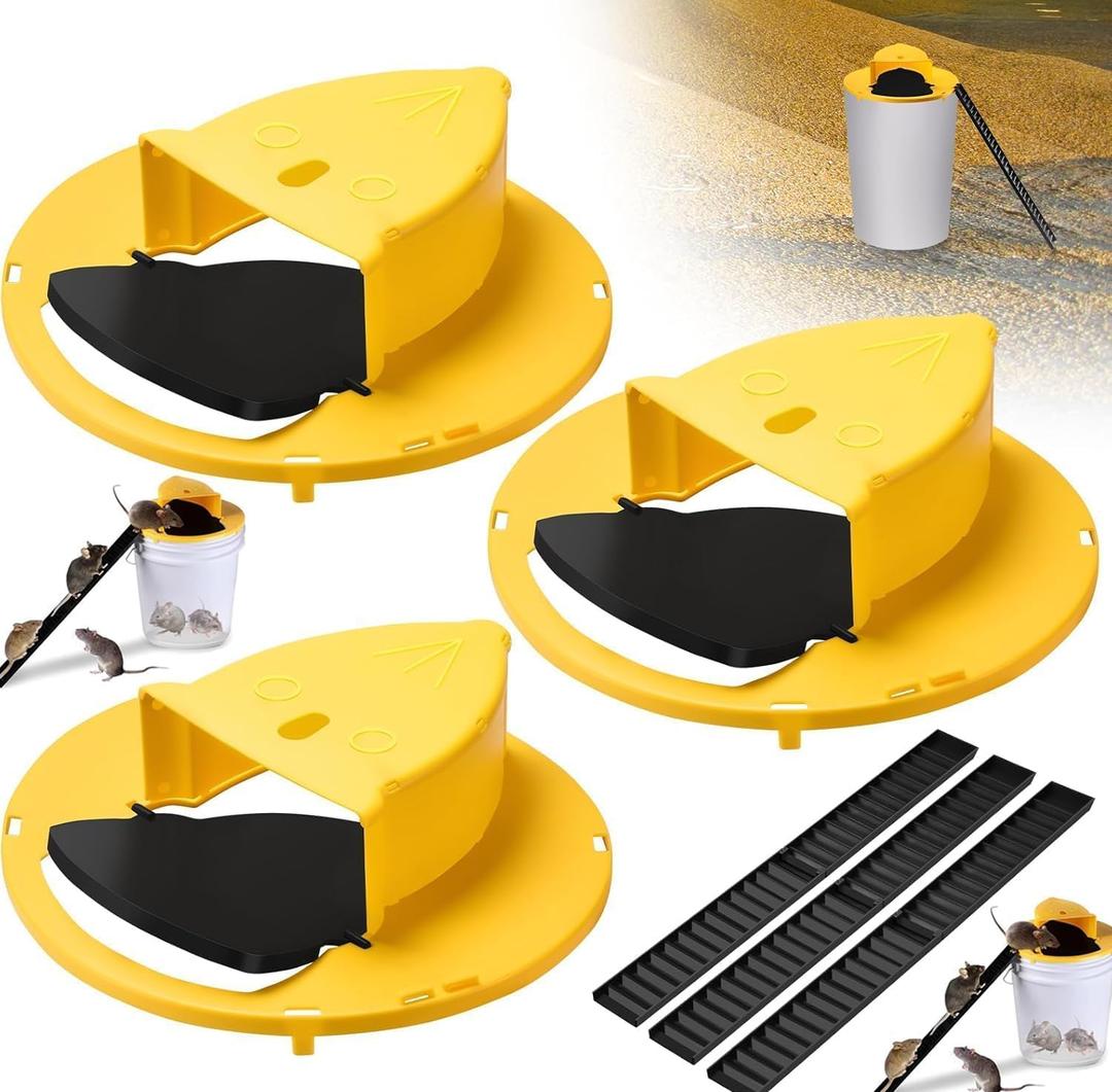 Mouse Trap Bucket Flip Lid, 5 Gallon Bucket Mouse Trap, Auto Reset & Slide Mouse Bucket Trap, Reusable Humane Mice Rat Bucket Traps for Indoor Outdoor 3 Pack