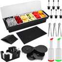 Bartending Supplies - 18" x 12" Bar Mat Garnish Tray with Lid Bar Caddy 3 Tier Bar Glass Rimmer, 2 Plastic Juice Pour Bottles 3 Mini Tongs 12 Classic Liquor Bottle Pourers 500 Cocktail Straws(Black)