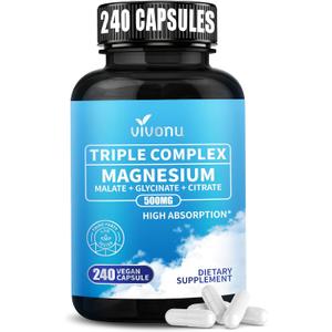Triple Magnesium Complex for Women and Men, Magnesium Glycinate 400mg, Malate, Citrate, High Absorption Chelated Magnesium Supplement Support Sleep, Muscle, Non-GMO, Gluten Free - 240 Capsules
