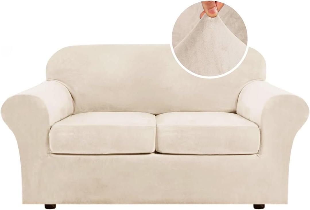 H.VERSAILTEX Real Velvet Plush 3 Piece Stretch Sofa Covers Couch Covers for 2 Cushion Couch Loveseat Covers Width Up to 72 Inch Feature Thick Soft Stay in Place (Medium Sofa, Cream)