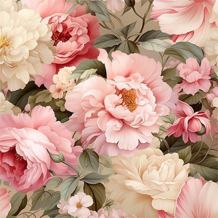 Pink Beige Cream Large Vintage Peony Floral Peel and Stick Wallpaper Wall Decor Self Adhesive Wall Paper Stick on Easy Peel Off Contact for Renter Apartment (17.7" x 118")