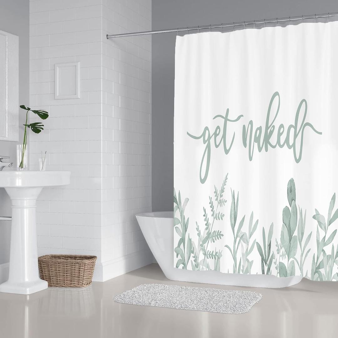 Zengmei 70x70 inches Get Naked Shower Curtain Set Funny Quote Durable Waterproof Polyester Shower Curtain Bathroom Bath Decor Cloth Fabric + 12 Hooks(Green)