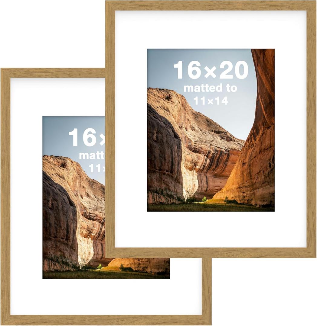 FrameWorks 16x20 mat to 11x14 Classic Wooden Picture Frames With Tempered Glass | Golden Oak | 2-Pack