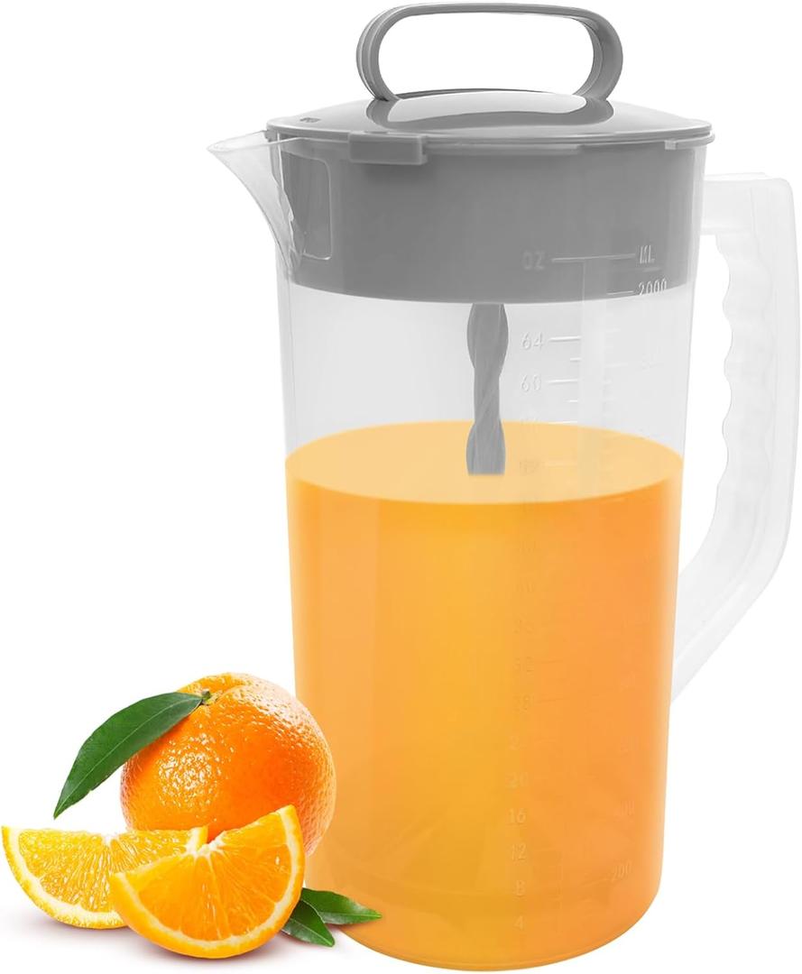 1 Pack Mixing Pitcher for Drinks, 2 Quart/ 64oz Plastic Water Pitcher with LidEasy-Mix Juice ContainerAngled Plastic Blades and Adjustable Mixer Plunger for Mix Juice, Milk,Tea, Beverage Container