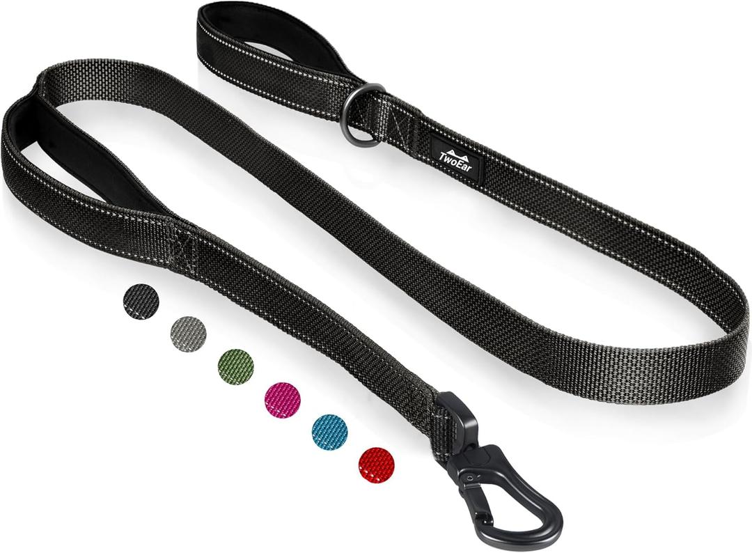TwoEar 6FT 1IN Strong Black Dog Leash with 2 Padded Handles, Traffic Handle Extra Control, Comfortable Soft Dual Handle, Auto Lock Hook, Reflective Walking Lead for Small Medium and Large Dogs