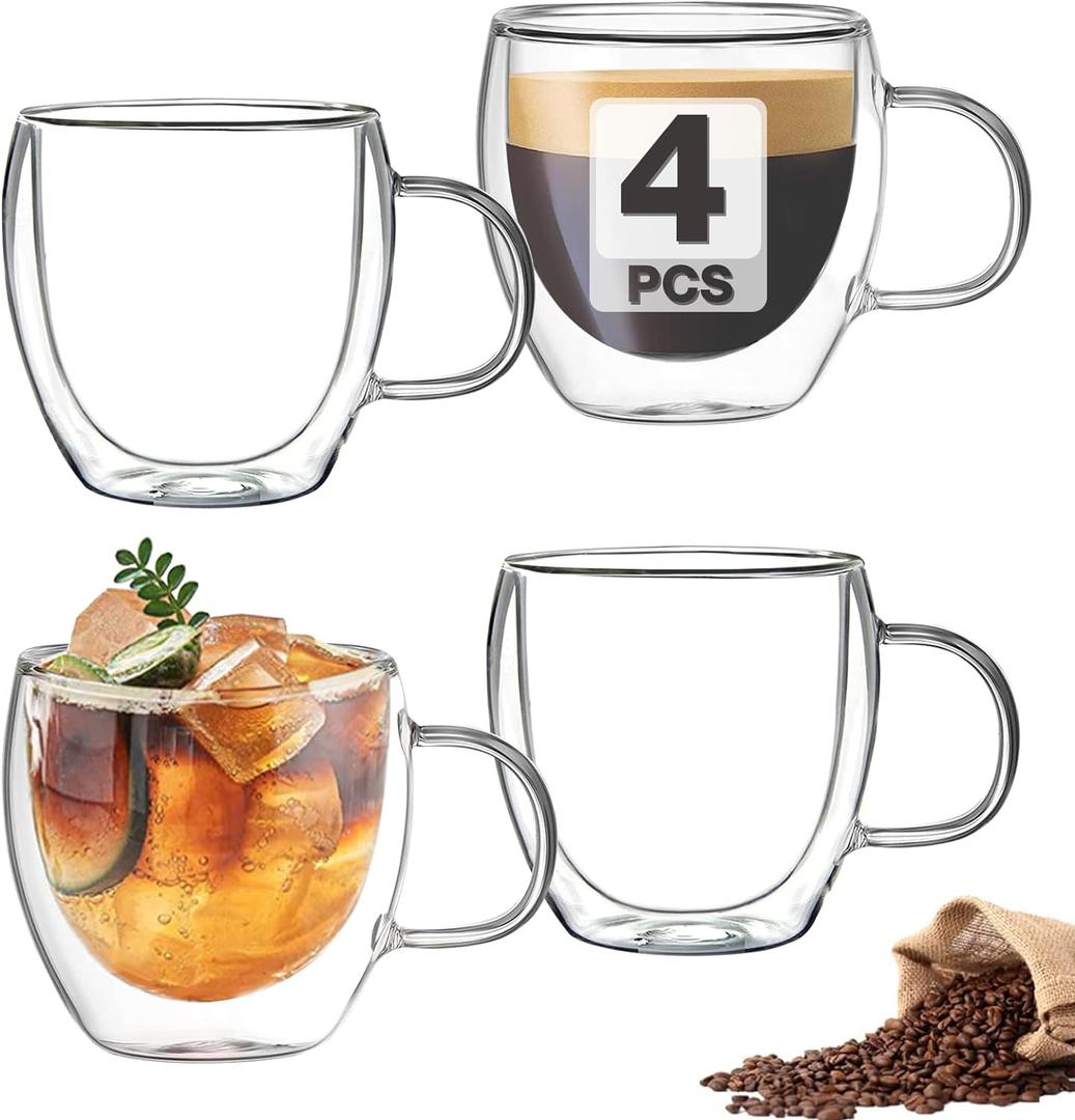 Mfacoy Double Wall Insulated Glasses Espresso Cups Set of 4 (50% Thicker), 5 oz Clear Coffee Cups with Handle, Shot Glasses, Suit for Espresso Machine, Latte, Cappuccino, Glass Coffee Mugs
