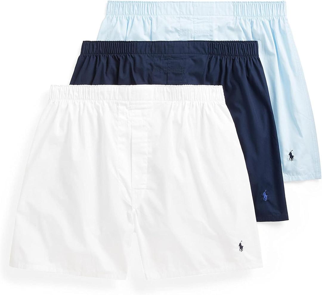 POLO RALPH LAUREN Men's Classic Fit Cotton Woven Boxers, 3 Pack (Small, White/Cruise Navy, Light Blue/Cruise Navy, Cruise Navy/Sporting Royal - 3 Pack)