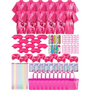 Xuhal 92 Pcs Spa Party Favors for Girls Slumber Party Supplies Kids Satin Robes Sleepover with Gift Bags for Girl Kids Birthday Gifts Total 10 Sets(Rose,12)