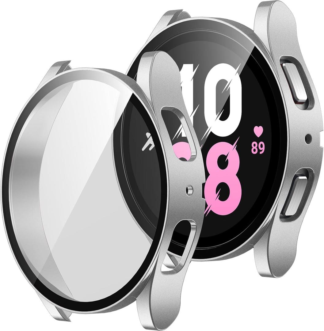 [2 Pack] Compatible with Samsung Galaxy Watch 5/Galaxy Watch 4 Screen Protector Case 44mm, Ultra-Thin Hard PC Bumper Protective Cover for 44mm (Silver/Clear)