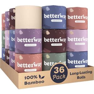 Betterway Unbleached Bamboo Toilet Paper Rolls - Eco-Friendly 3 Ply Toilet Tissue - 36 Long-Lasting Rolls - 360 Sheets/Roll - Organic, FSC Certified, Septic Safe TP - Lint-Free, PFAS-Free Bath Tissue (Brown)