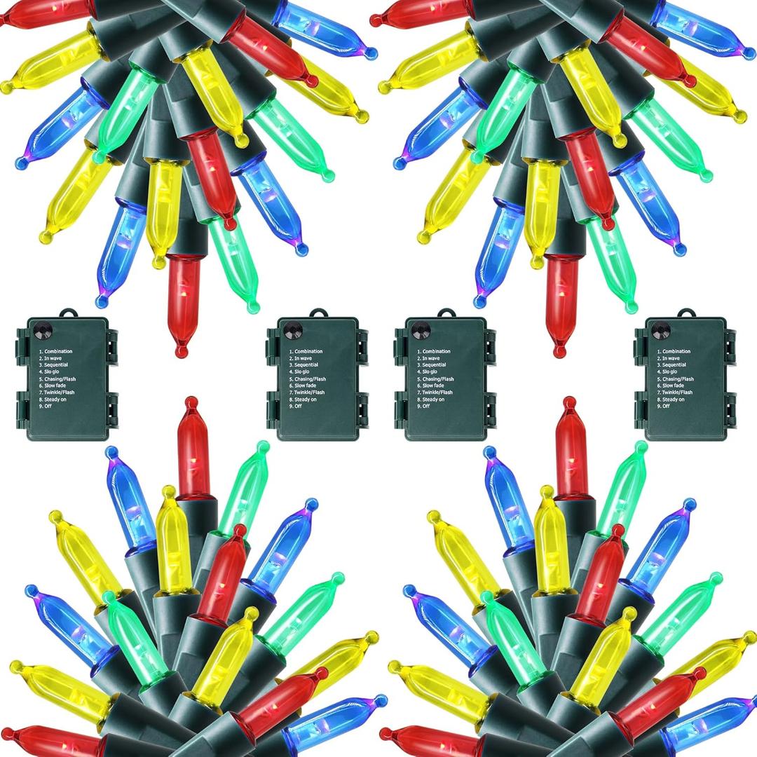 Joliyoou 4 Packs Total 200 LEDs 64ft Multicolored Christmas String Lights, Battery Operated Christmas Mini String Lights with 8 Lighting Modes, Indoor Outdoor LED Xmas Fairy String Lights with Timer