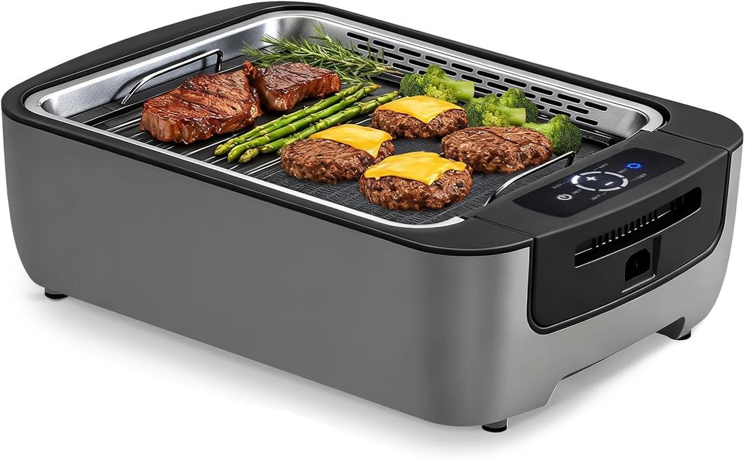 Smokeless Indoor Grill, Amornest Electric Indoor Grill 1100W for Korean BBQ with Dual Turbo Smoke Extractor, LED Smart Display & Dual-Zone Nonstick Grills Plate, 6-Level Temp Control, Dishwasher Safe