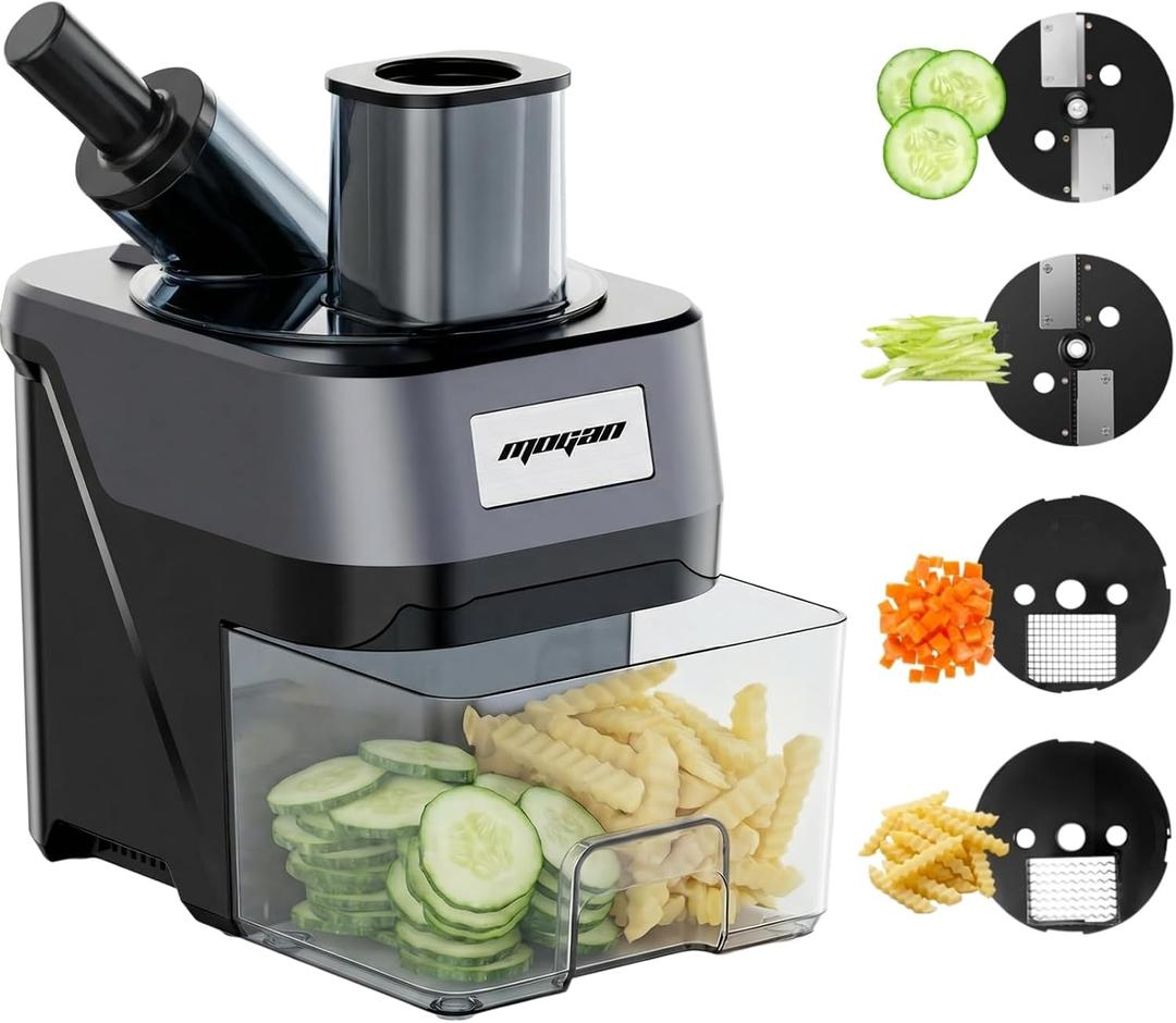 MOGAN 4 in 1 Electric Vegetable Chopper, 100W Commercial Food Slicer Dicer | Veggie Cutter Food Processor for Home, Dual Feeding Ports, Stainless Steel Blade, Ideal for Onion Potato Cabbage Fruits