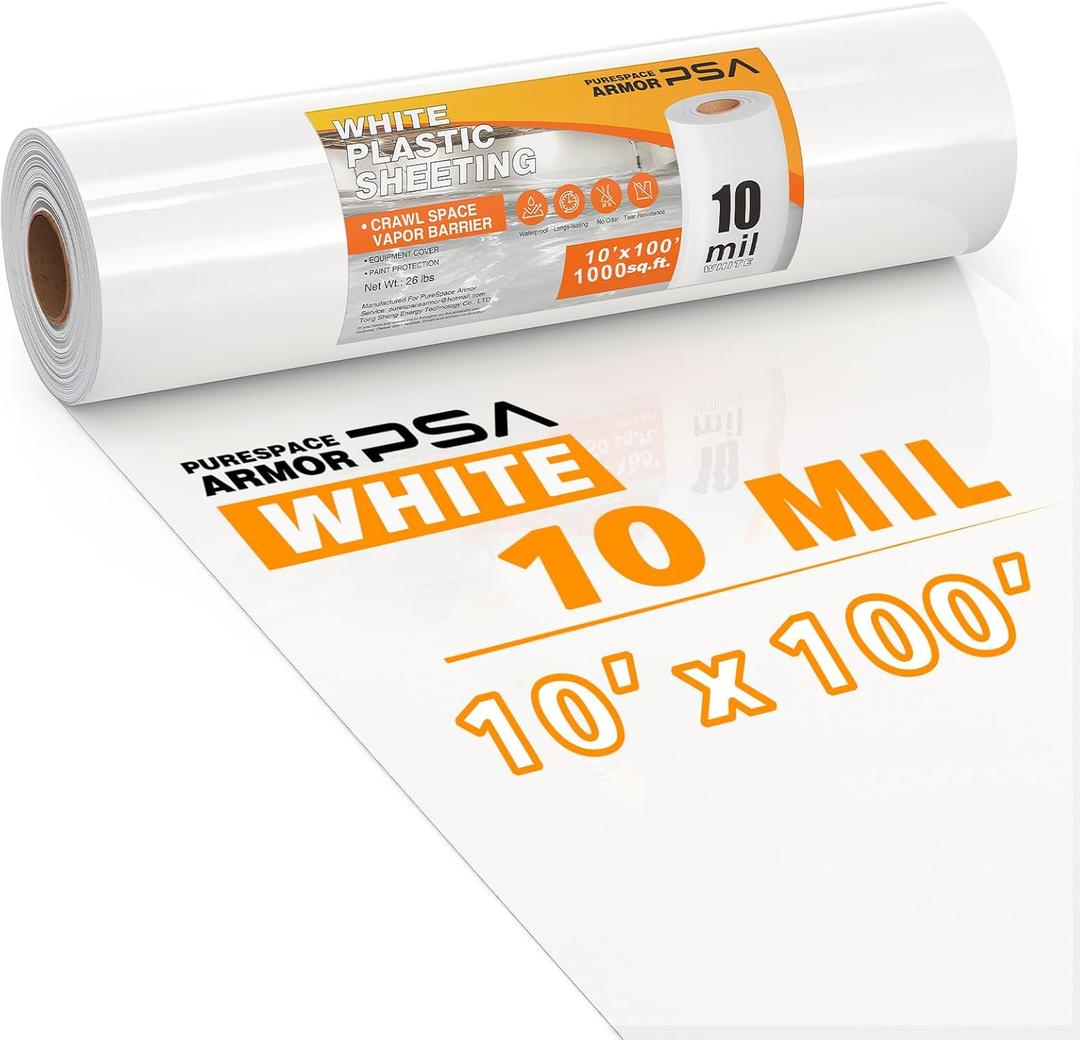 Crawl Space Vapor Barrier, 10mil Film, 10'x100', White Plastic Sheeting - Thick Plastic Sheeting, Heavy Duty Polyethylene Film, Drop Cloth Vapor Barrier Covering for Crawl Space, Garden, Basement
