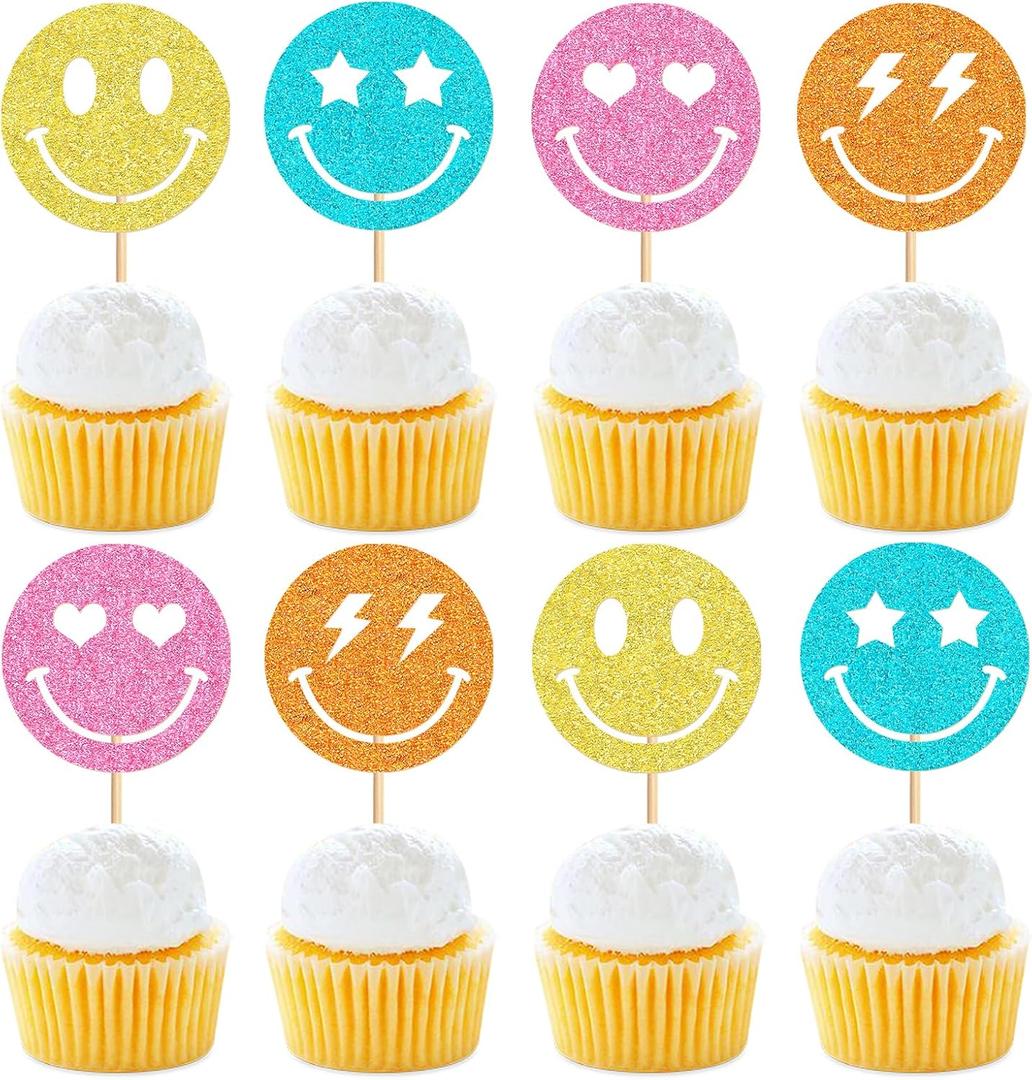 24 Pack Smile Face Cupcake Toppers Y2k Pink Party Bachelorette Cupcake Picks Lightning Star Birthday Party Supplies