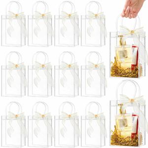 Ohuimrt 30 PCS Clear Plastic Gift Bags with Handles, 4.9 x 7.5 x 3.15 Inches Reusable Party Favor Bags with Ribbon Transparent Gift Wrap Bags Bulk for Weddings Birthdays