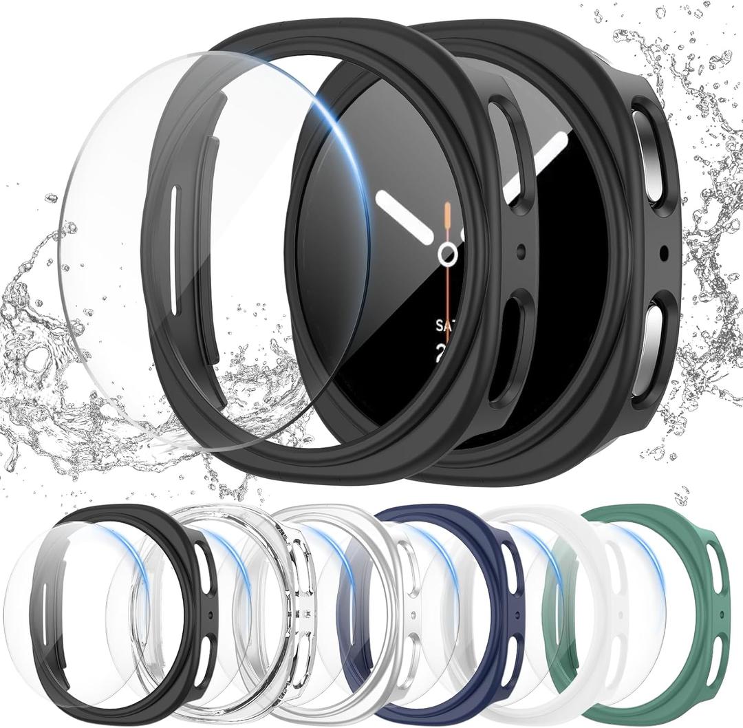 [6+6Pack] for Samsung Galaxy Watch 8 44mm Screen Protector Case, Hard PC Bumper + HD Anti-Fog Tempered Glass Protective Film, Waterproof Face Cover Set for Galaxy Watch 8 44mm Accessories (Black+Clear+Silver+Darkblue+White+Green)