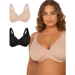 Fit For Me By Fruit of the Loom Women's Plus Size Cotton Unlined Underwire Bra-Pinch-Free Straps - Side and Back Smoothing (46DD, Sand/Black Hue)