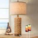 Rattan Table Lamp for Living Room with 2 USB Ports, 27In Tall Bedroom Table Lamp with Hand-made Seagrass Base, Rustic Farmhouse Large Bedside Nightstand Lamp for End Table, E26 Socket, Rotary Switch