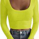 Artfish Women's Square Neck Long Sleeve Ribbed Slim Fitted Casual Basic Crop Top (Medium, Lime Neon Green)