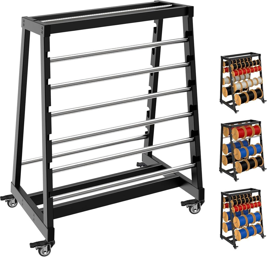 ATOLS Upgraded Wire Spool Rack  13-Rod Capacity (Includes 8 Rods), Adjustable Cable Caddy & Dispenser with Locking Wheels for Electrical and Industrial Use