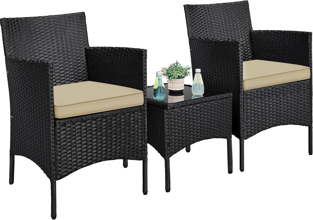 Yaheetech 3 Pieces Patio Conversation Set, Outdoor Rattan Bistro Furniture, 2 Chairs with Cushions & 1 Side Table for Bistro/Porch/Garden/Deck/Courtyard, Black/Khaki