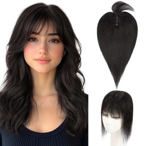 Hairro Human Hair Topper with Wispy Bangs, Clips on 360 3D Cover Real Hairpieces Lightweight, 2.25"x6" Base for Women with High Hairline/Thinning Hair, 12 Inch Natural Black Bangs