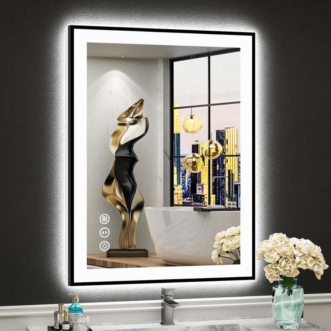 24x32 Black Framed LED Bathroom Mirror with Lights, Backlit + Front Lit, Anti-Fog Lighted Vanity Mirror for Bathroom Wall with 3 Colors, Dimmable, Memory, Tempered Glass, Horizontal/Vertical
