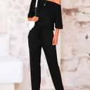 Zenlonr Women Summer 2 Piece Outfits 2025 Off Shoulder Short Sleeve Tops Elastic Waist Drawstring Long Pants Tracksuit (Large, Black)