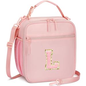 Initial Insulated Lunch Bag for Girls Kids, Back to School Gift, Reusable Leak-proof Lunch Box with Adjustable Strap for School Daycare Travel Picnic (Pink,L)