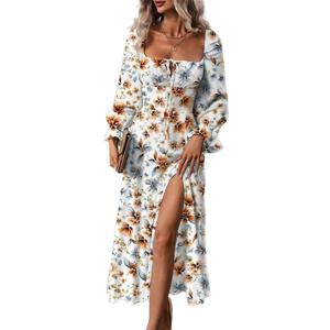 BLENCOT Womens Casual Square Neck Long Sleeve Boho Floral Midi Dress Print Side Split Dresses (X-Large)