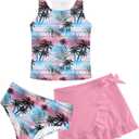 Girls Swimsuits 3 Piece Tankini Bathing Suit Set Cute Bikini Swimwear with Cover Ups Beach Skirt ,12T