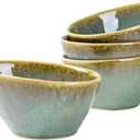 Henten Home Ceramic 20 oz Salad Bowls Set, Slanted Snack Bowl Set of 4, Porcelain Serving Bowls for Soup, Dessert, Microwave & Dishwasher Safe, Reactive Glaze (Green)