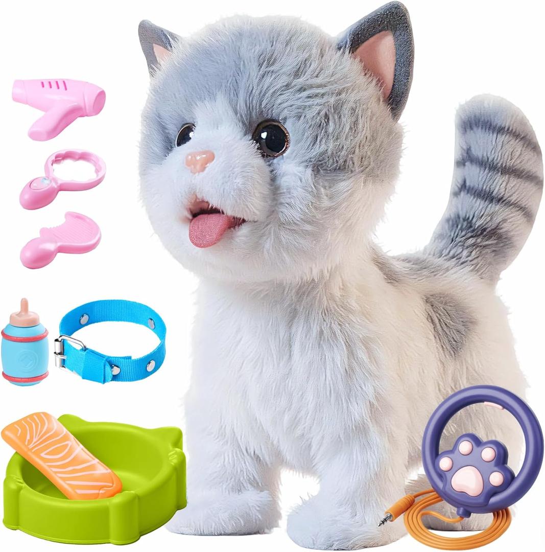 OR OR TU Walking Toy Cat with Remote Control Leash, Plush Cat Electronic Interactive Toys for Kids, Shake Tail, Licking, Pretend Dress Up Realistic Stuffed Animal Cat Age 3 4 5 6+ Years Old Best Gift