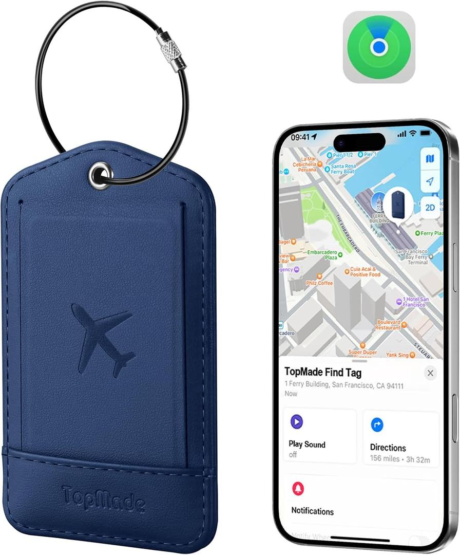 TopMade Smart Luggage Tag with Find My, Premium Leather Luggage Tags for Suitcase, Travel Bags, Backpacks, Anti-Lost Suitcase Tag Tracker for Travel with Privacy Name Card, Rechargeable (Dark Blue)