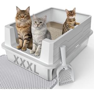 FURTIME XXXL Extra Large Stainless Steel Litter Box with Lid, Large Cat Litter Box for Big Cat, Large Metal Cat Box with High Sided, Non-Stick, Easy Cleaning, Includes Scoop and Mat