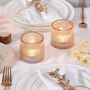 DARJEN Gold Ribbed Tealight Votive Candle Holders- 4Pack Glass Candle Holders for Table Centerpiece, Home Decor, Wedding Decor, Party Dinner