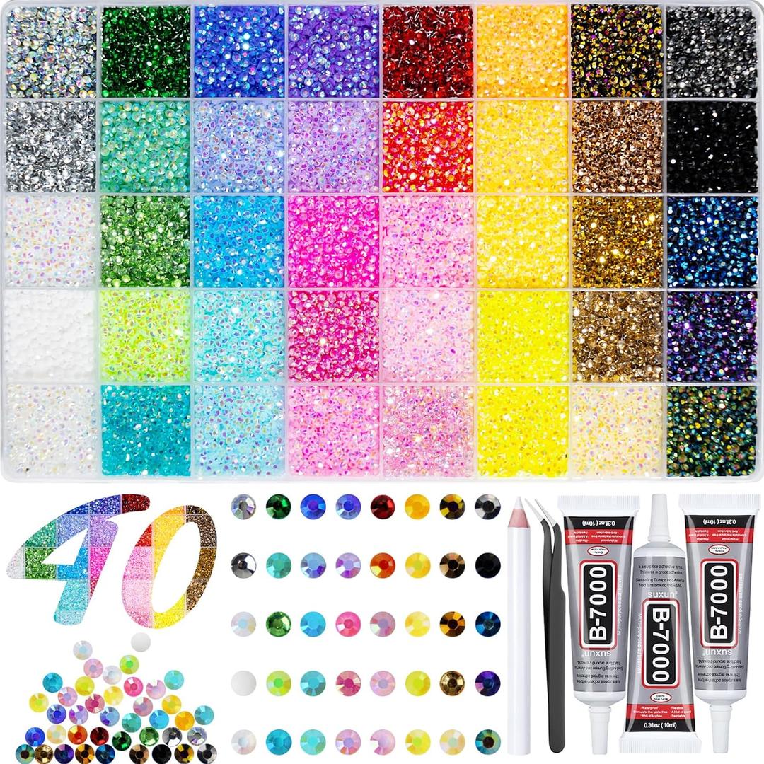 40000+Pcs Resin Jelly Rhinestones for Bedazzling, 3mm Multicolor Flat Back Gems Bedazzler Kit with 3Pcs 10ml B7000 Jewelry Glue, Colorful Bulk Jewels for Book Shoes Crafts Tumblers Nail Art DIY