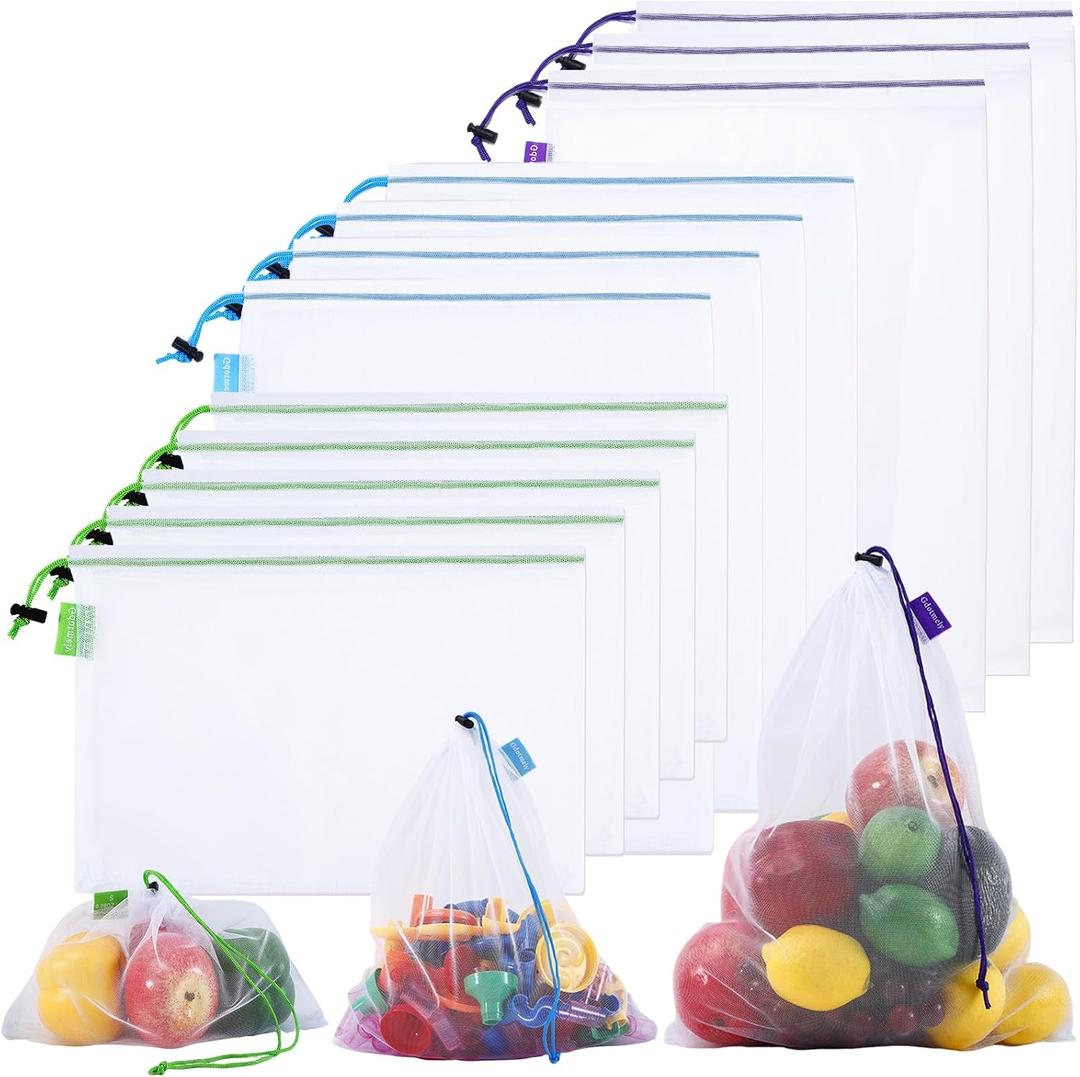 12 Pack Reusable Produce Bags, Barcode Scanable See Through Mesh Bags, Heavy Duty Washable Mesh Grocery Bag with Drawstring for Fruits, Grocery Storage, Toy Storage, 13.8"W x 16.5"H